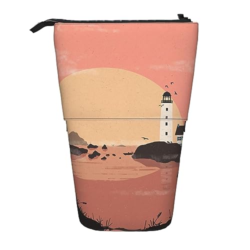 Leuchtturm Sonnenaufgang Ständer Bleistifthalter einziehbare Teleskop-Bleistiftetui Niedliche Stifttasche Pop Up Bleistift Tasche Tragbare Multifunktionale Make-up Tasche Schreibwaren Organizer für von OrcoW