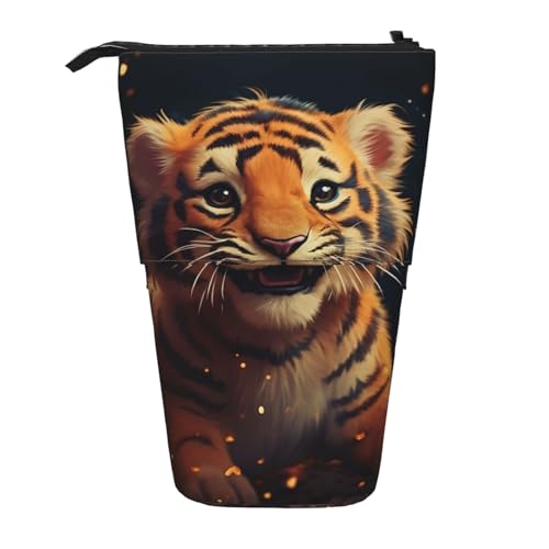 Niedlicher Tiger im Feuerwerk-Hintergrund, stehendes Federmäppchen, niedliche Stifttasche, Teleskop-Schreibwaren-Tasche, Make-up-Kosmetiktasche für Damen, Büro von OrcoW