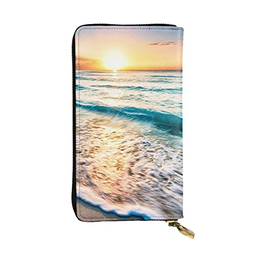 Ocean Sunrise Print Leder Geldbörse Lange Geldbörse Clutch Bag Münzfach Reise Brieftasche Wasserdicht Kreditkartenetui für Männer Frauen, Schwarz , Einheitsgröße von OrcoW