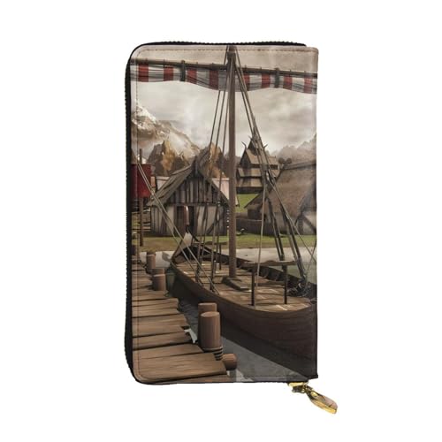 Old Viking Boat Print Lange Leder Geldbörse für Männer Frauen Wasserdicht Tragbare Clutch Tasche Münzgeldbörse für Reisen Mädchen Einkaufen Büro Geschenk, Schwarz , Einheitsgröße von OrcoW