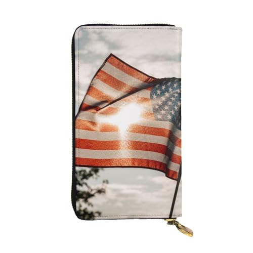 OrcoW Amerikanische Flagge in der Sonne Druck Leder Geldbörse Lange Geldbörse Clutch Tasche Münzfach Reisebrieftasche Wasserdicht Kreditkartenetui für Männer Frauen, Schwarz , Einheitsgröße von OrcoW