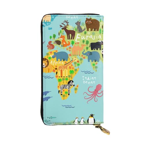 OrcoW Animal World Map Print Leder Geldbörse Lange Geldbörse Clutch Tasche Münzfach Reise Brieftasche Wasserdicht Kreditkartenetui für Männer Frauen, Schwarz , Einheitsgröße von OrcoW