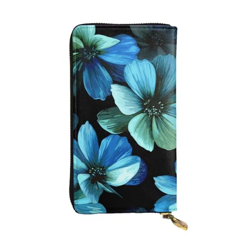 OrcoW Blaue Blume Druck Leder Geldbörse Lange Geldbörse Clutch Tasche Münzfach Reise Brieftasche Wasserdicht Kreditkartenhalter für Männer Frauen, Schwarz , Einheitsgröße von OrcoW