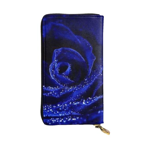 OrcoW Blaue Rose Print Leder Geldbörse Lange Geldbörse Clutch Tasche Münzfach Reise Brieftasche Wasserdicht Kreditkartenetui für Männer Frauen, Schwarz , Einheitsgröße von OrcoW