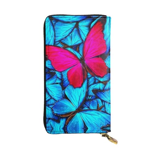 OrcoW Blaue und rosa Schmetterlinge Print Leder Geldbörse Lange Geldbörse Clutch Tasche Münzfach Reise Brieftasche Wasserdicht Kreditkartenetui für Männer Frauen, Schwarz , Einheitsgröße von OrcoW