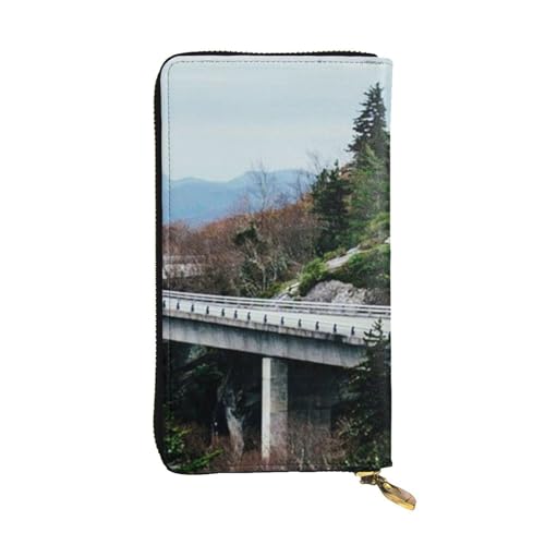 OrcoW Blue Ridge Parkway Road Bridge Print Leder Geldbörse Lange Geldbörse Clutch Tasche Münzfach Reisebrieftasche Wasserdicht Kreditkartenetui für Männer Frauen, Schwarz , Einheitsgröße von OrcoW