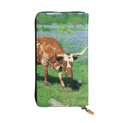 OrcoW Bluebonnet Ledergeldbörse mit Longhorn-Druck, lange Geldbörse, Clutch, Münzfach, Reisebrieftasche, wasserdicht, Kreditkartenetui für Herren und Damen, Schwarz , Einheitsgröße von OrcoW