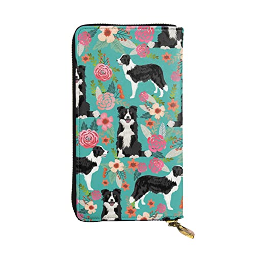 OrcoW Border Collie Florals Print Leder Geldbörse Lange Geldbörse Clutch Tasche Münzfach Reisebrieftasche Wasserdicht Kreditkartenetui für Männer Frauen, Schwarz , Einheitsgröße von OrcoW