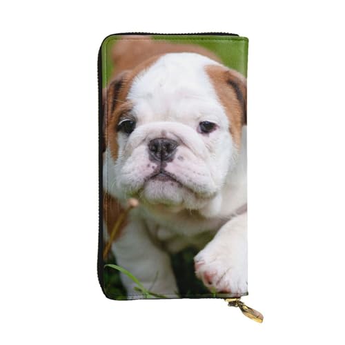 OrcoW Bulldogge Geldbörse aus Leder mit niedlichem Welpen-Gras-Druck, lange Geldbörse, Clutch, Münzfach, Reisebrieftasche, wasserdicht, Kreditkartenetui für Männer und Frauen, Schwarz , Einheitsgröße von OrcoW