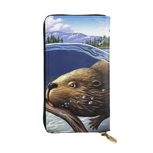 OrcoW Busy Beaver Cartoon Print Leder Geldbörse Lange Geldbörse Clutch Tasche Münzfach Reise Brieftasche Wasserdicht Kreditkartenetui für Männer Frauen, Schwarz , Einheitsgröße von OrcoW