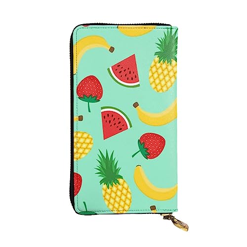 OrcoW Geldbörse aus Leder mit Bananen-Erdbeer-Ananas-Druck, lange Geldbörse, Clutch, Münzfach, Reisebrieftasche, wasserdicht, Kreditkartenetui für Männer und Frauen, Schwarz , Einheitsgröße von OrcoW