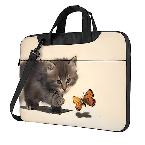 OrcoW Katze Und Schmetterling Print Laptop Tasche Schulter Messenger Bag Wasserdichte Laptop Fall Aktentasche Mit Griff Für 13 14 15,6 Zoll, Schwarz , 14 inch von OrcoW