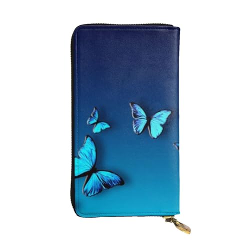 OrcoW Schöne blaue Schmetterling Druck Leder Geldbörse Lange Geldbörse Clutch Tasche Münzfach Reise Brieftasche Wasserdicht Kreditkartenhalter für Männer Frauen, Schwarz , Einheitsgröße von OrcoW