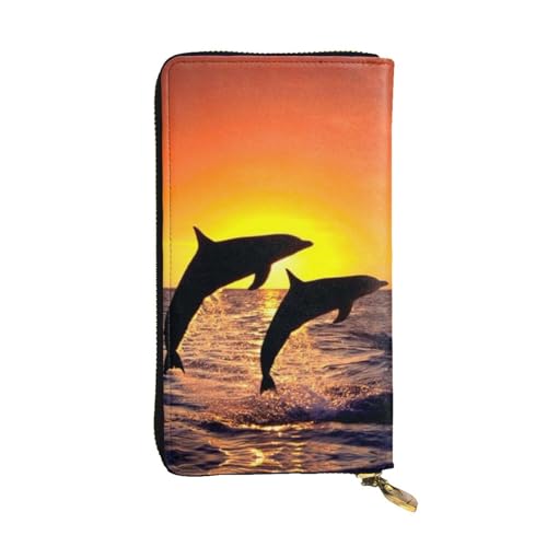 OrcoW Strand Sonnenuntergang mit Delfinen Druck Leder Geldbörse Lange Geldbörse Clutch Tasche Münzfach Reisebrieftasche Wasserdicht Kreditkartenetui für Männer Frauen, Schwarz , Einheitsgröße von OrcoW