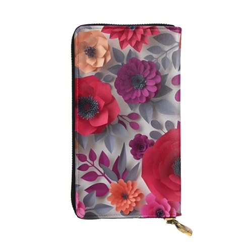 Rot Rosa Blumen Drucken Lange Leder Geldbörse für Männer Frauen Wasserdicht Tragbare Clutch Tasche Münzbörse für Reisen Mädchen Einkaufen Büro Geschenk, Schwarz , Einheitsgröße von OrcoW