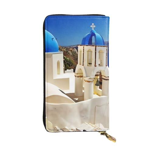 Santorini Griechische Insel Meerblick Print Lange Leder Geldbörse für Männer Frauen Wasserdicht Tragbare Clutch Tasche Münzbörse für Reisen Mädchen Einkaufen Büro Geschenk, Schwarz , Einheitsgröße von OrcoW