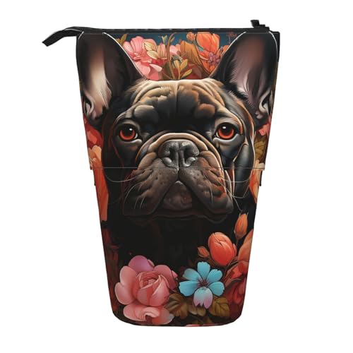 Stehendes Federmäppchen mit Bulldogge und Blumen, niedliche Stifttasche, Teleskop-Schreibwaren-Tasche, Make-up-Kosmetiktasche für Damen, Büro von OrcoW