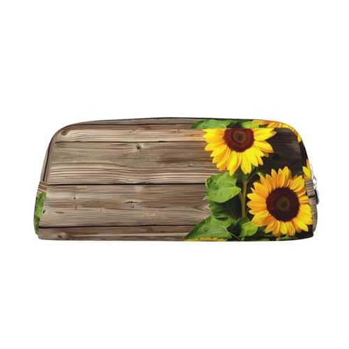 Sunflowers On Wooden Board Printed Pencil Case Leather Makeup Bag Portable Travel Toiletry Bag Zipper Small Storage Bag for Women Girls, silber, Einheitsgröße, Kulturbeutel von OrcoW