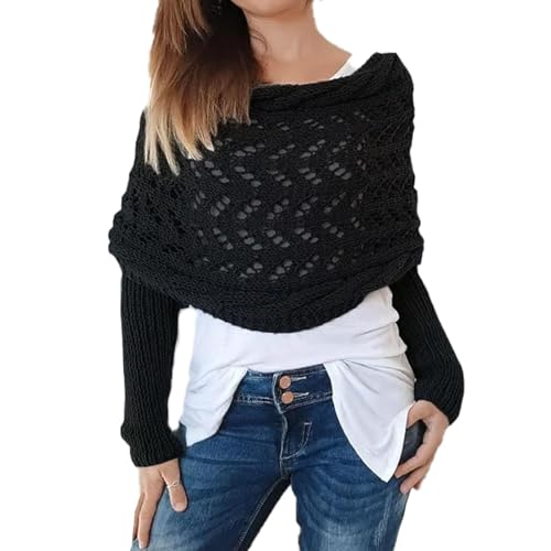 Ordaba 2024 Multifunktions-Strickschal mit Zopfmuster, für Damen, weicher Schal, 2-in-1-Pullover-Schal mit Ärmeln, Schwarz , Einheitsgröße von Ordaba