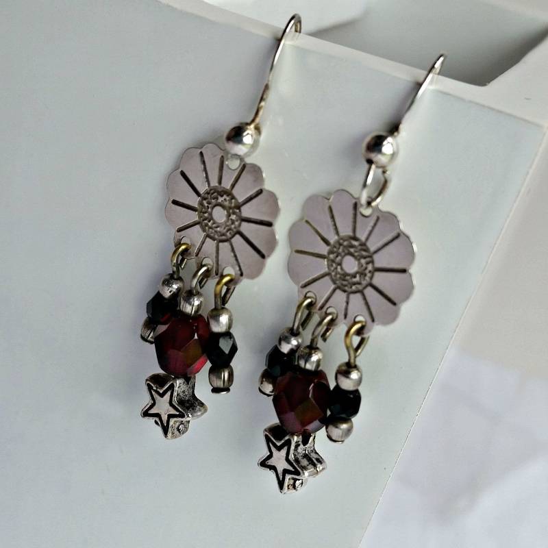Blumen Und Stern Sterling Silber Ohrhänger Rote Perle Stil Der 1970Er Jahre von OrderOfDisorder