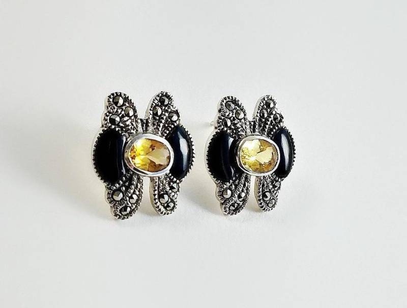 Vintage Sterling Silber Citrin Onyx Markasit Ohrringe von OrderOfDisorder