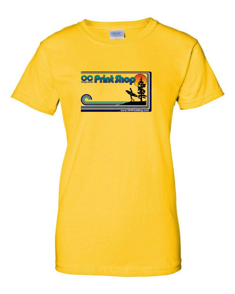 Oc Print Shop Logo - Grundlegende Damen Stil Tshirt Erwachsene Größen S-3xl Oregon Küste Surfer Surf Strand Baum Sonne von OregonCoastPrintShop