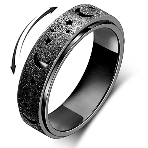 Angst Ring für Frauen Spinner Ring Fidget Toys Erwachsene Fidget Ring Spinner Ringe Edelstahl Fidget Ringe Fidgit Ring Männer Mond Stern Schwarz Größe 6 von OreilleStar