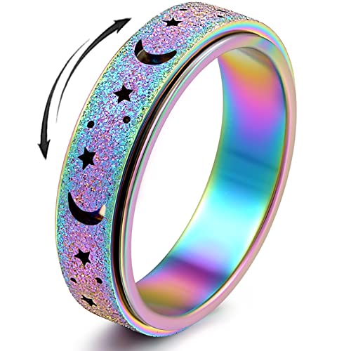 OreilleStar Angstring für Frauen Fidget Ring: Angst-Relief Elemente Rotierende Ringe für Angst Mond Stern Fidget Angstringe für Frauen Anti Angstlinderung Gold Silber, 10, Metall, mondstern hohl von OreilleStar