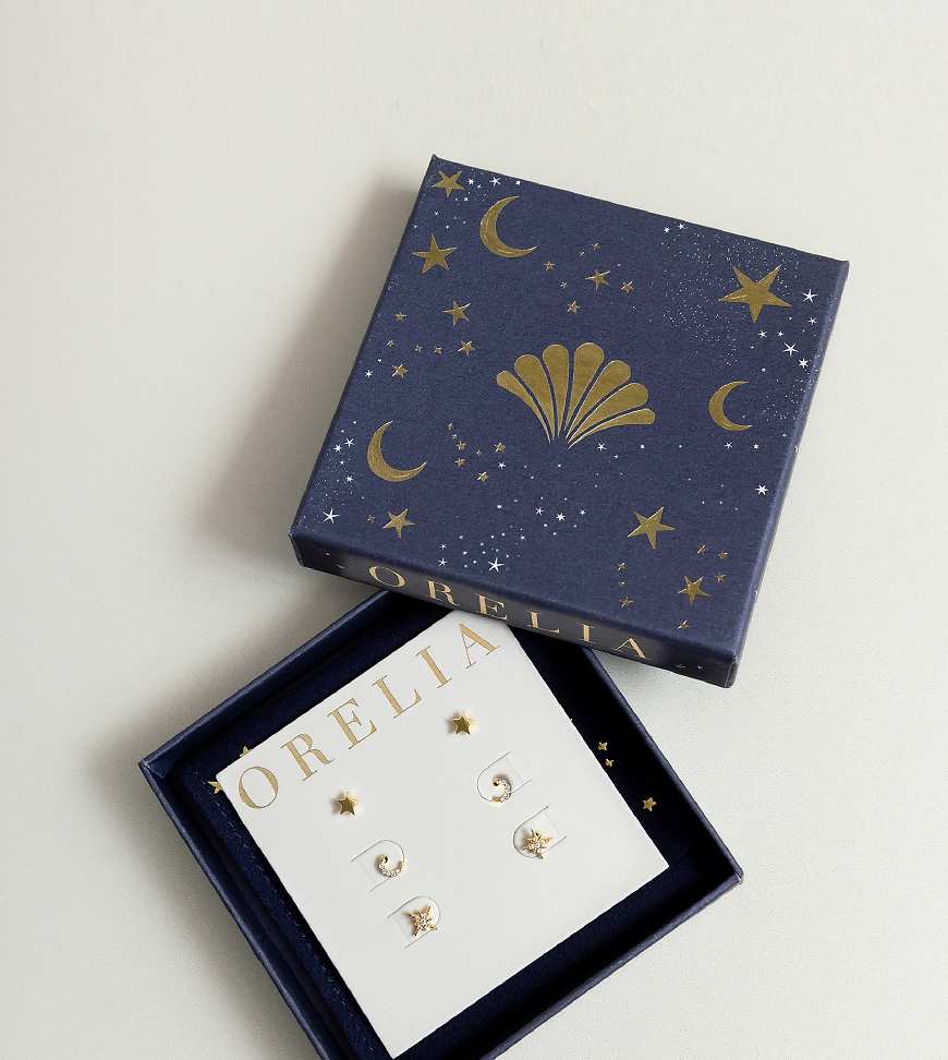 Orelia - 3er-Pack vergoldete Ohrstecker mit Himmelskörper-Design, Pavé-Fassung und Geschenkbox-Goldfarben von Orelia
