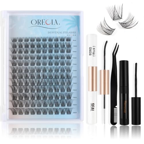 Oreola Einzelwimpern Set 120 Stück Cluster Wimpern natürliches DIY Wimpernverlängerungs Set 8–16 mm D Curl Einzelne Wimpern mit Wimpernbindung und versiegelung, Entferner, Pinzette von Oreola