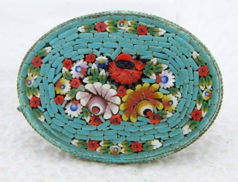 Antik Italien Gold Toned Blau Rot Micro Mosaik Blumen Glas Pin Brosche von OrganizedChaosLLCMa