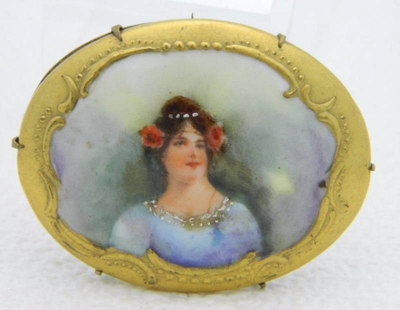 Antik Vintage Gold Ton Handbemalt Porzellan Jugendstil Dame Brosche Anstecknadel Antik Vintage Gold Ton Handbemalt Porzellan Jugendstil Dame Brosche Anstecknadel von OrganizedChaosLLCMa