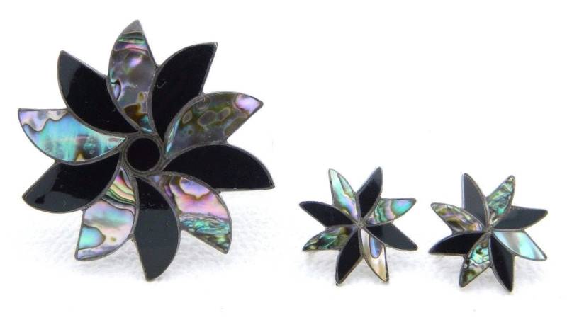 Vtg Taxco .925 Sterling Silber Fc Mexiko Schwarz Onyx Abalone Blume Ohrring Pin von OrganizedChaosLLCMa