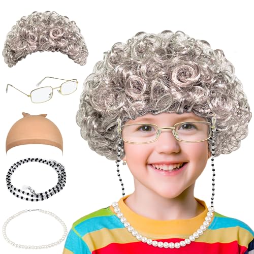 Orgoue 5 Stück Oma Perücke Kostüm Set, Old Lady Kostüm Zubehör Granny Großmutter Cosplay Zubehör Alte Dame Cosplay Set Mit Perücke Kappe Oma Brille Ketten Armband Perlenkette Für Karneval von Orgoue