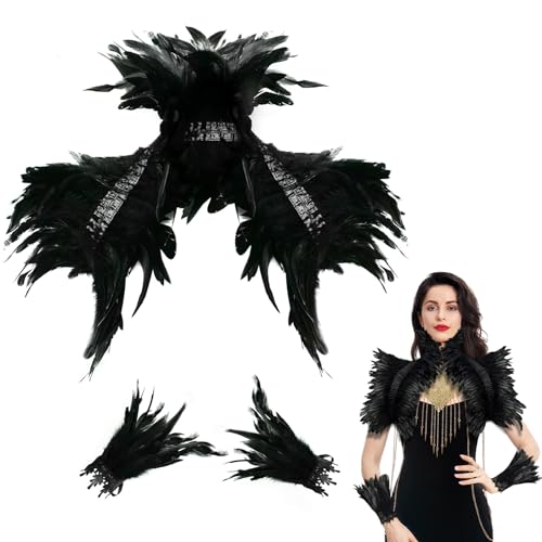 Orgoue Schwarzer Federumhang, Feder Achselzucken Schal Federkragen Schwarzer Kostüm Damen Mit Feder-Manschetten Schwarzer Maleficent Kostüm Damen Gothic Federrock Pfau Kostüm Für Karneval von Orgoue