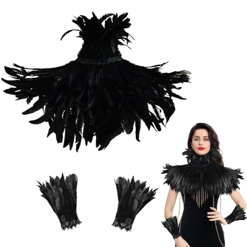 Orgoue Schwarzer Federumhang, Feder Achselzucken Schal Federkragen Schwarzer Kostüm Damen Mit Feder-Manschetten Schwarzer Maleficent Kostüm Damen Gothic Federrock Pfau Kostüm Für Karneval von Orgoue