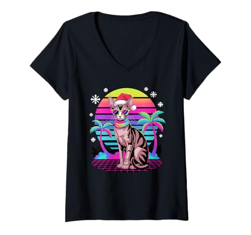 Damen Christmas Synthwave Oriental Shorthair Sunglasses T-Shirt mit V-Ausschnitt Damen Christmas Synthwave Oriental Shorthair Sunglasses T-Shirt mit V-Ausschnitt von Oriental Shorthair Cat Lover Gifts