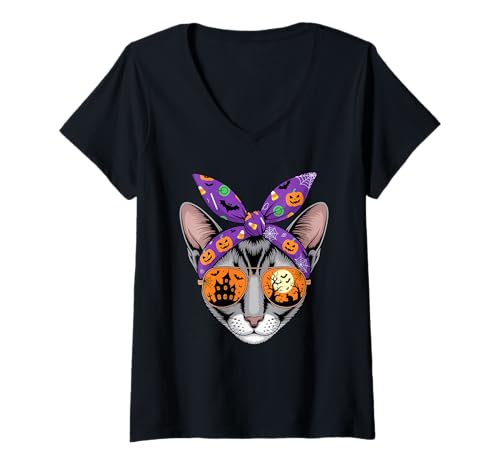 Damen Halloween Bandana Oriental Shorthair T-Shirt mit V-Ausschnitt Damen Halloween Bandana Oriental Shorthair T-Shirt mit V-Ausschnitt von Oriental Shorthair Cat Lover Gifts