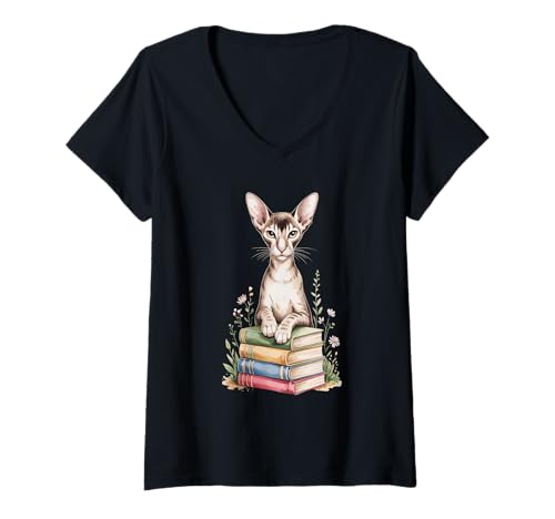 Damen Oriental Shorthair Bookworm Flowers Book Reading Books T-Shirt mit V-Ausschnitt Damen Oriental Shorthair Bookworm Flowers Book Reading Books T-Shirt mit V-Ausschnitt von Oriental Shorthair Cat Lover Gifts