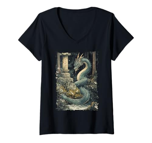 Damen Yokai-Legende Japanischer Drachen-Tattoo-Mythos T-Shirt mit V-Ausschnitt von Orientalischer Tintenstil Geschenk Oni Ästhetik