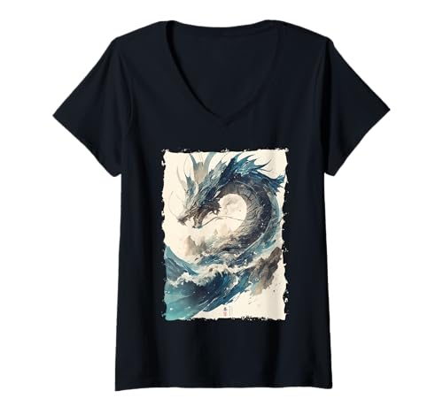 Damen Yokai-Legende Japanischer Drachen-Tattoo-Mythos T-Shirt mit V-Ausschnitt von Orientalischer Tintenstil Geschenk Oni Ästhetik