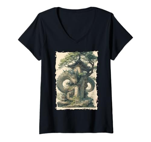 Damen Yokai-Legende Japanischer Drachen-Tattoo-Mythos T-Shirt mit V-Ausschnitt Damen Yokai-Legende Japanischer Drachen-Tattoo-Mythos T-Shirt mit V-Ausschnitt von Orientalischer Tintenstil Geschenk Oni Ästhetik