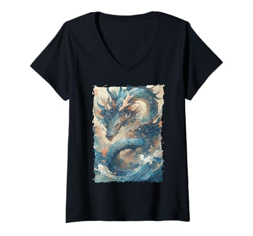 Damen Yokai-Legende Japanischer Drachen-Tattoo-Mythos T-Shirt mit V-Ausschnitt von Orientalischer Tintenstil Geschenk Oni Ästhetik