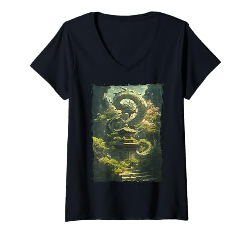 Damen Yokai-Legende Japanischer Drachen-Tattoo-Mythos T-Shirt mit V-Ausschnitt Damen Yokai-Legende Japanischer Drachen-Tattoo-Mythos T-Shirt mit V-Ausschnitt von Orientalischer Tintenstil Geschenk Oni Ästhetik