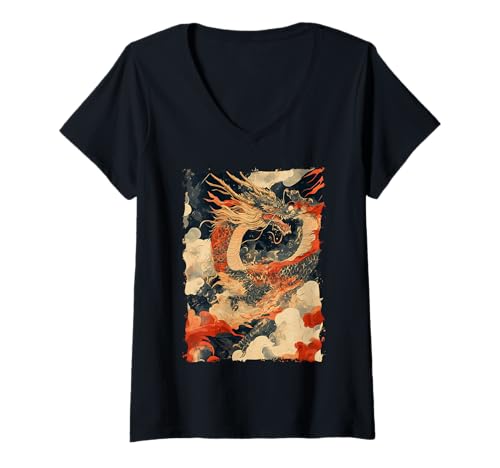 Damen Yokai-Legende Japanischer Drachen-Tattoo-Mythos T-Shirt mit V-Ausschnitt Damen Yokai-Legende Japanischer Drachen-Tattoo-Mythos T-Shirt mit V-Ausschnitt von Orientalischer Tintenstil Geschenk Oni Ästhetik
