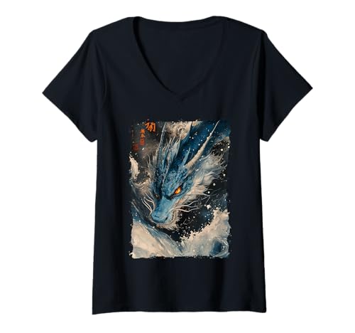 Damen Yokai-Legende Japanischer Drachen-Tattoo-Mythos T-Shirt mit V-Ausschnitt von Orientalischer Tintenstil Geschenk Oni Ästhetik