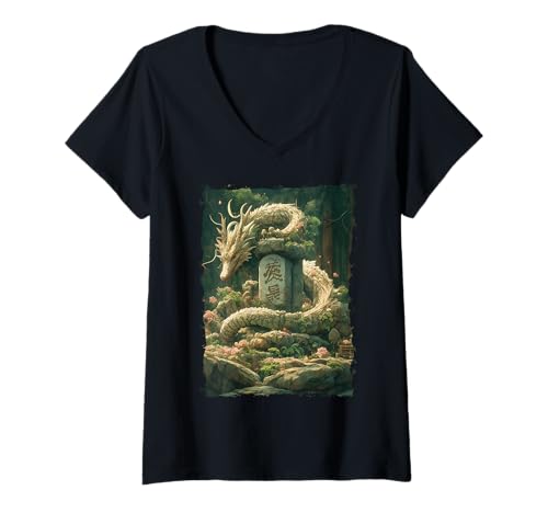 Damen Yokai-Legende Japanischer Drachen-Tattoo-Mythos T-Shirt mit V-Ausschnitt Damen Yokai-Legende Japanischer Drachen-Tattoo-Mythos T-Shirt mit V-Ausschnitt von Orientalischer Tintenstil Geschenk Oni Ästhetik