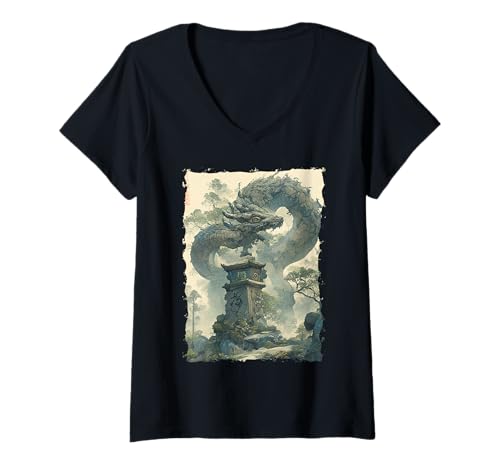 Damen Yokai-Legende Japanischer Drachen-Tattoo-Mythos T-Shirt mit V-Ausschnitt Damen Yokai-Legende Japanischer Drachen-Tattoo-Mythos T-Shirt mit V-Ausschnitt von Orientalischer Tintenstil Geschenk Oni Ästhetik