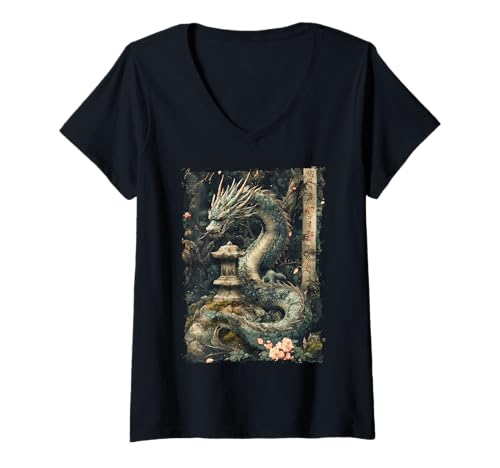Damen Yokai-Legende Japanischer Drachen-Tattoo-Mythos T-Shirt mit V-Ausschnitt Damen Yokai-Legende Japanischer Drachen-Tattoo-Mythos T-Shirt mit V-Ausschnitt von Orientalischer Tintenstil Geschenk Oni Ästhetik