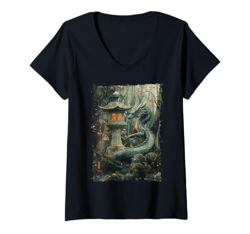 Damen Yokai-Legende Japanischer Drachen-Tattoo-Mythos T-Shirt mit V-Ausschnitt Damen Yokai-Legende Japanischer Drachen-Tattoo-Mythos T-Shirt mit V-Ausschnitt von Orientalischer Tintenstil Geschenk Oni Ästhetik